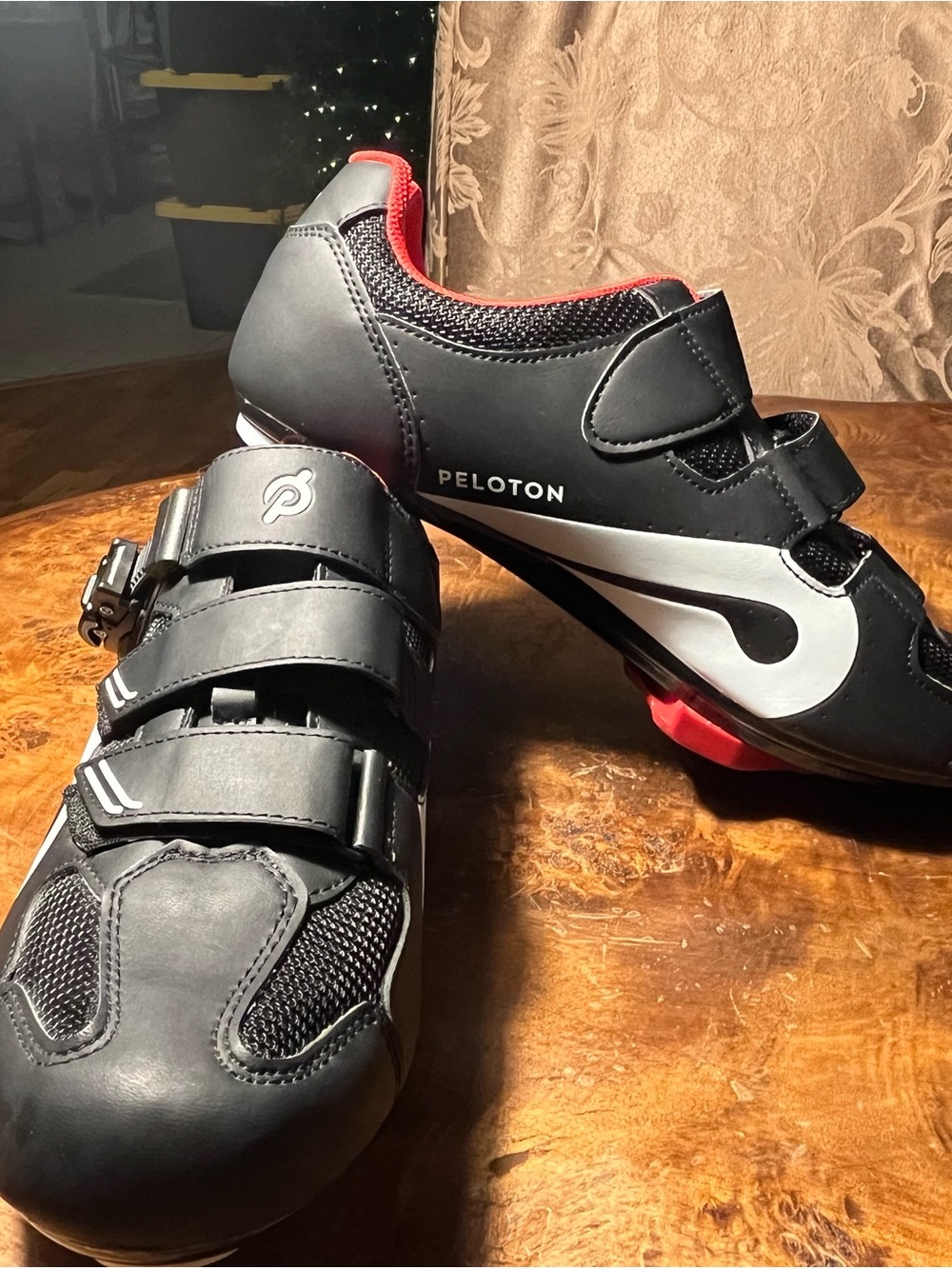 Peloton Black and White Men’s Cycling Shoes with Red Accents